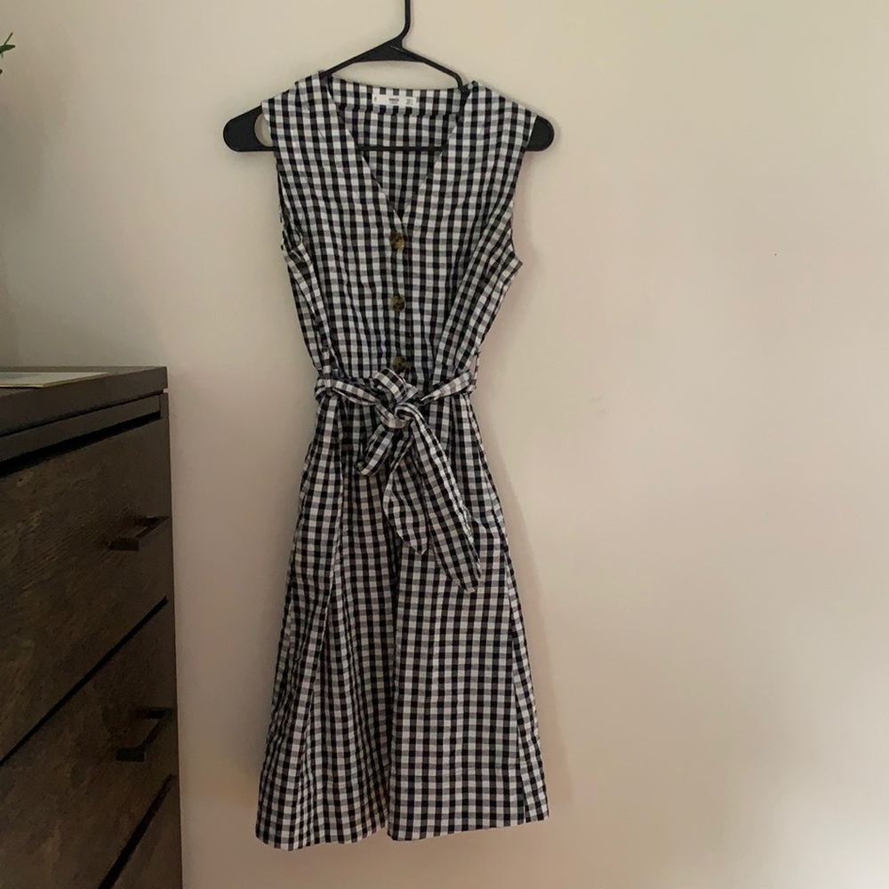 Mango black and white gingham check midi dress sz4